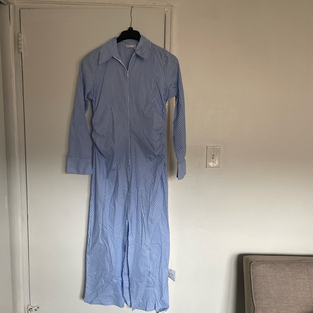 Light Blue Pinstripe Button-Up Jumpsuit